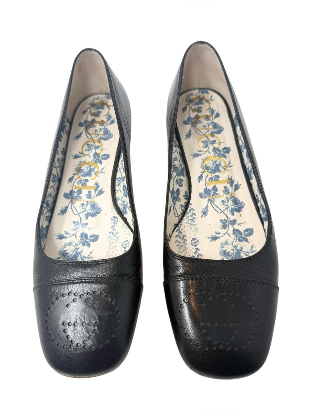 Gucci Hills GG Interlocking Cap Toe Black Leather Ballet Flats Size 38